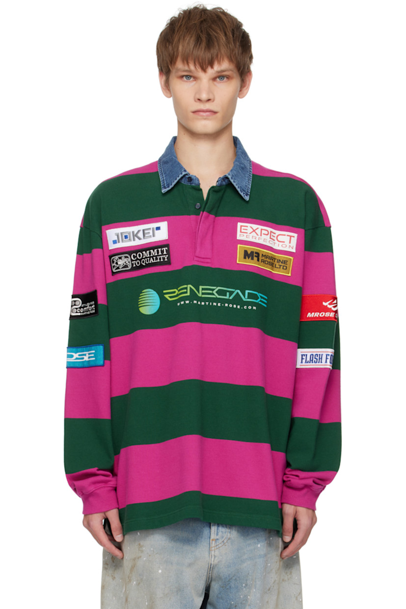 Cotton jersey polo.

· Text and logo patches throughout
· Denim spread collar
· Concealed three-button placket
· Vented side seams
· Rib-knit cuffs
· Logo printed at back

Supplier color: Purple wine