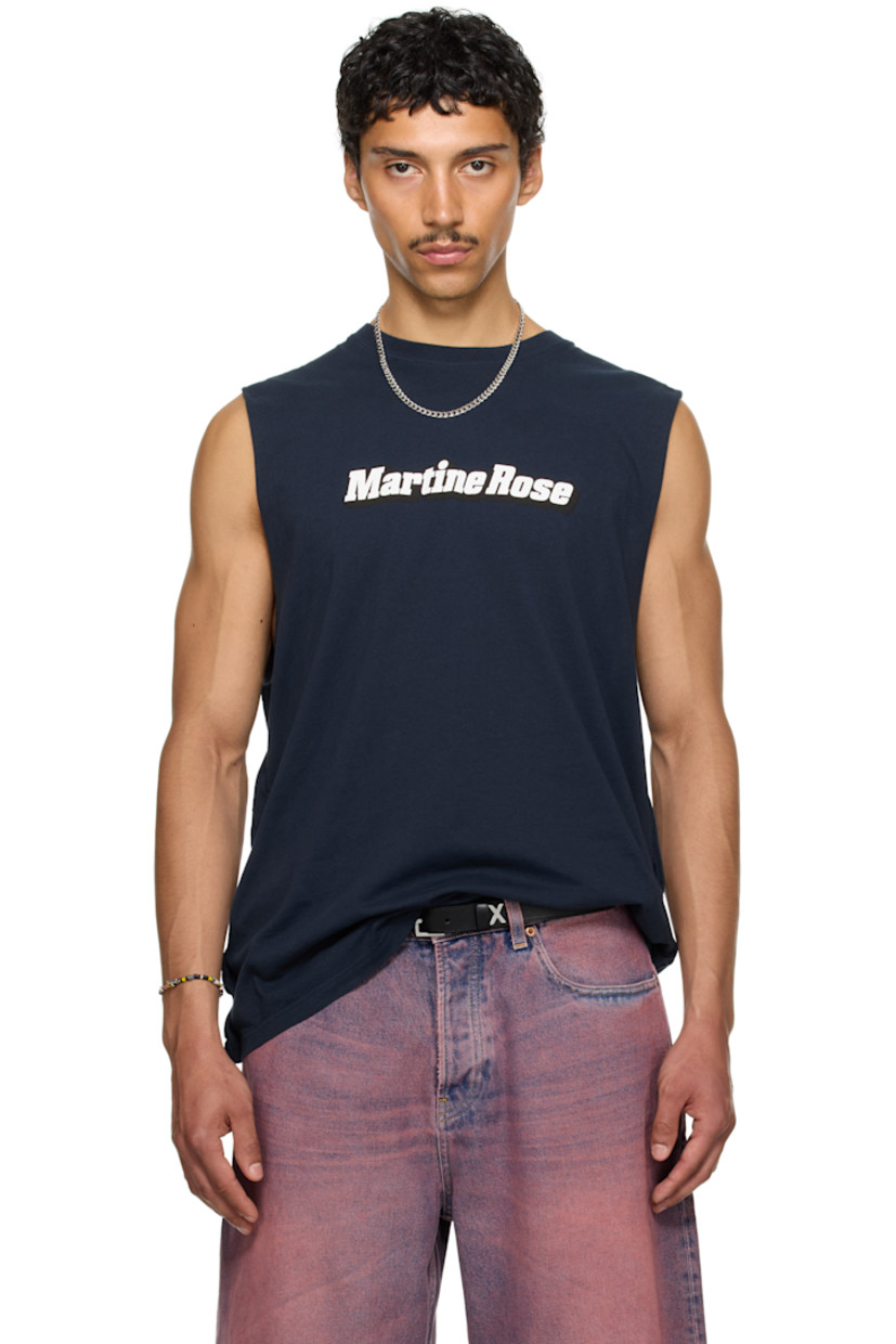 Cotton jersey T-shirt. Inverted seams throughout.

· Rib-knit crewneck
· Logo printed at chest
· Pinched seam at shoulders
· Raw edge at armscyes

Part of the exclusive SSENSE HEAT capsule.

Supplier color: Blue/Navy