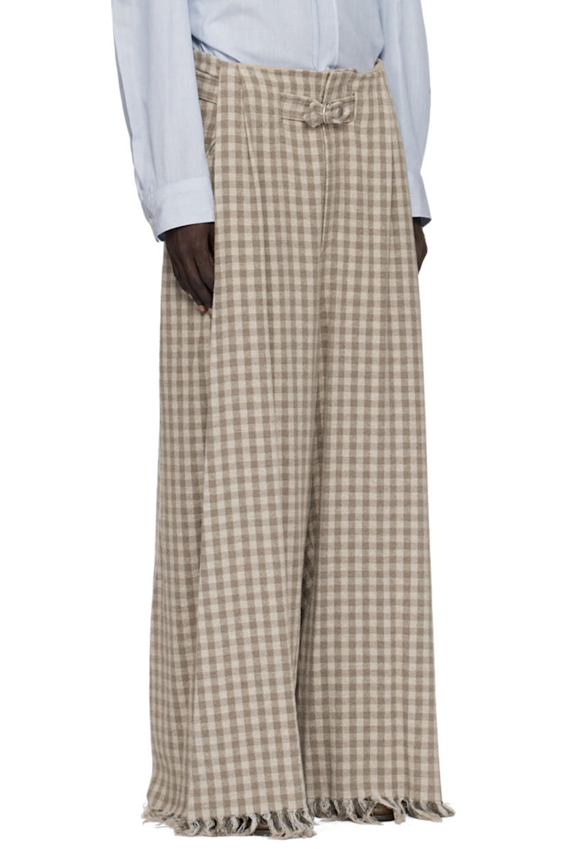 Stretch cotton- and wool-blend bouclé trousers.

· Jacquard check pattern throughout 
· Belt loops
· Detachable cinch belt 
· Four-pocket styling
· Zip fly 
· Pleats at front 
· Frayed edges at cuffs

Supplier color: Medium beige