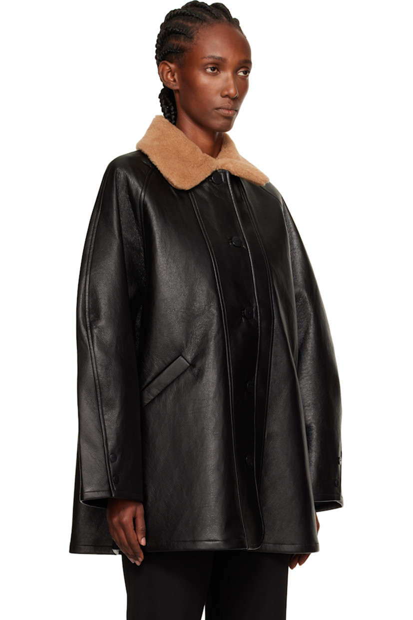 Crinkled faux-leather coat. Camel- and silk-blend fleece spread collar.

· Button closure
· Welt pockets at waist
· Raglan sleeves
· Button fastening at cuffs
· Unlined

Supplier color: Black