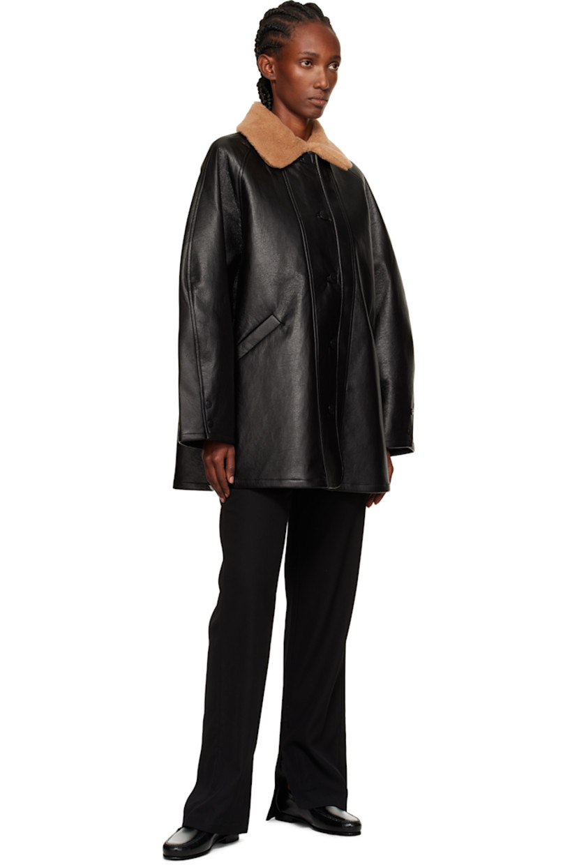 Crinkled faux-leather coat. Camel- and silk-blend fleece spread collar.

· Button closure
· Welt pockets at waist
· Raglan sleeves
· Button fastening at cuffs
· Unlined

Supplier color: Black