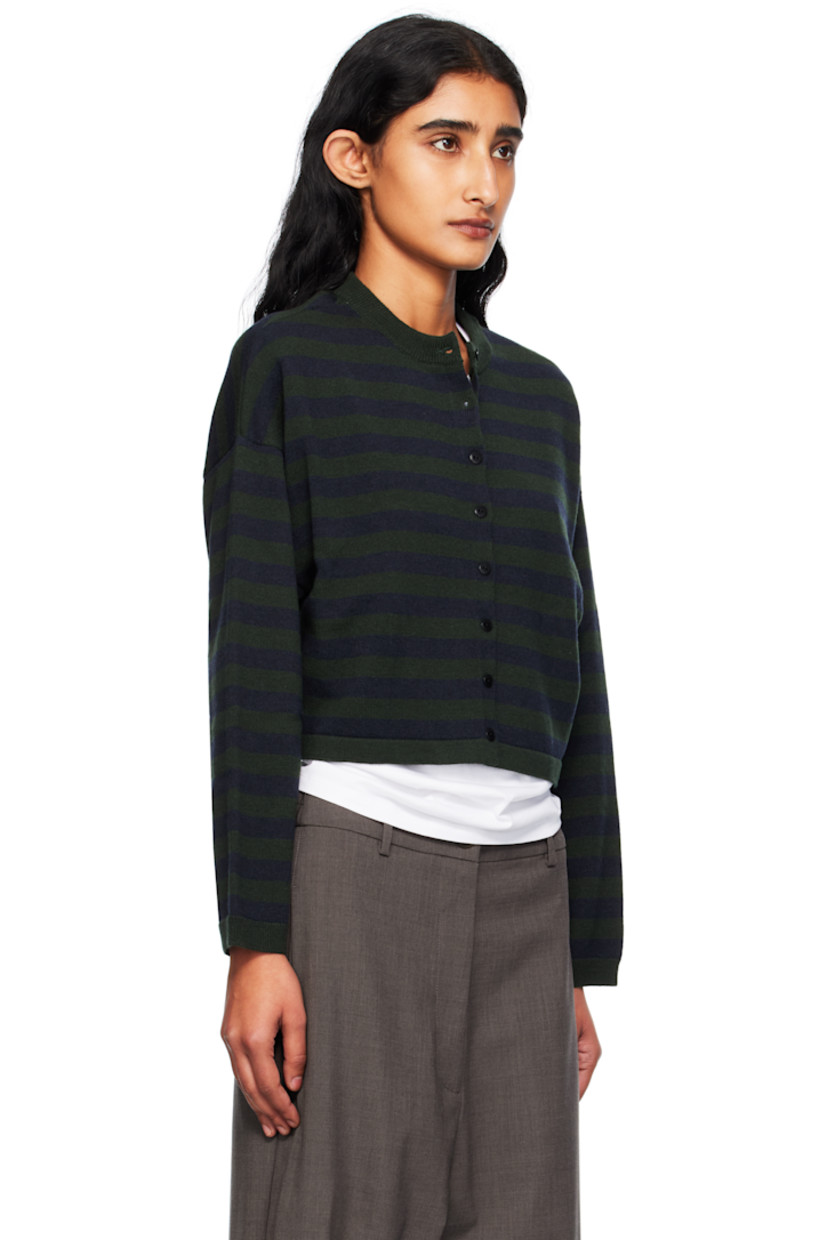 Knit merino wool cardigan.

· Striped throughout
· Rib-knit crewneck, hem, and cuffs
· Button closure
· Cropped hem
· Dropped shoulders
· Logo-engraved hardware

Supplier color: Striped green