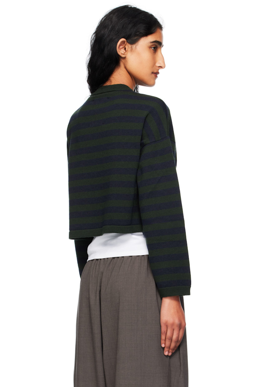 Knit merino wool cardigan.

· Striped throughout
· Rib-knit crewneck, hem, and cuffs
· Button closure
· Cropped hem
· Dropped shoulders
· Logo-engraved hardware

Supplier color: Striped green