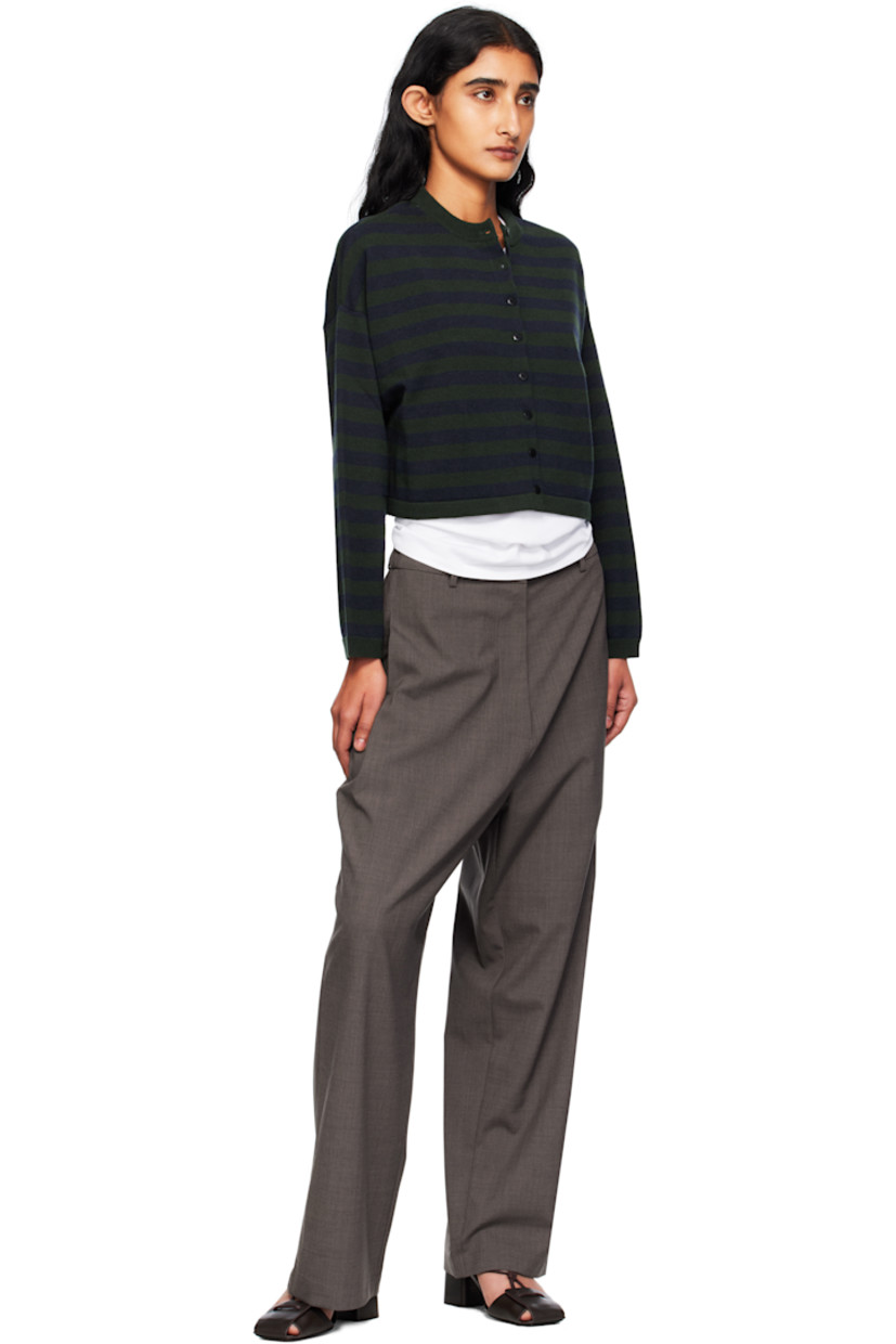 Knit merino wool cardigan.

· Striped throughout
· Rib-knit crewneck, hem, and cuffs
· Button closure
· Cropped hem
· Dropped shoulders
· Logo-engraved hardware

Supplier color: Striped green