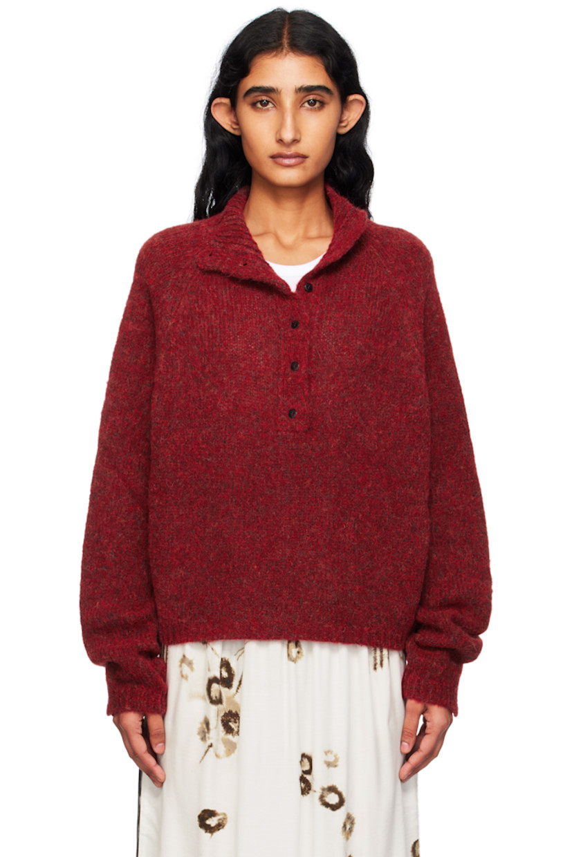 Brushed knit baby alpaca-blend sweater.

· Rib-knit mock neck, hem, and cuffs
· Six-button placket
· Raglan sleeves
· Button vent at cuffs
· Logo-engraved hardware

Supplier color: Dahlia