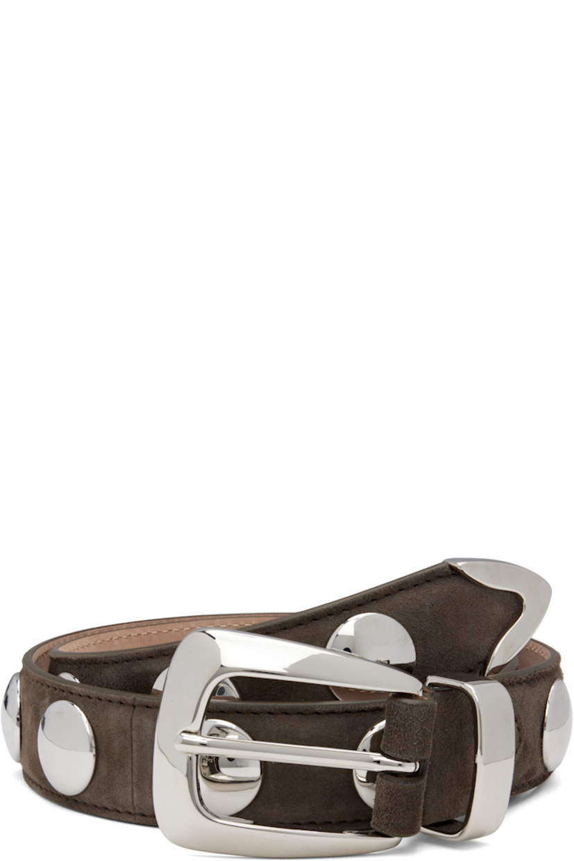 Calfskin suede belt.

· Studs throughout
· Pin-buckle fastening 
· Silver-tone hardware
· W1"

Supplier color: Ebano suede with silver
