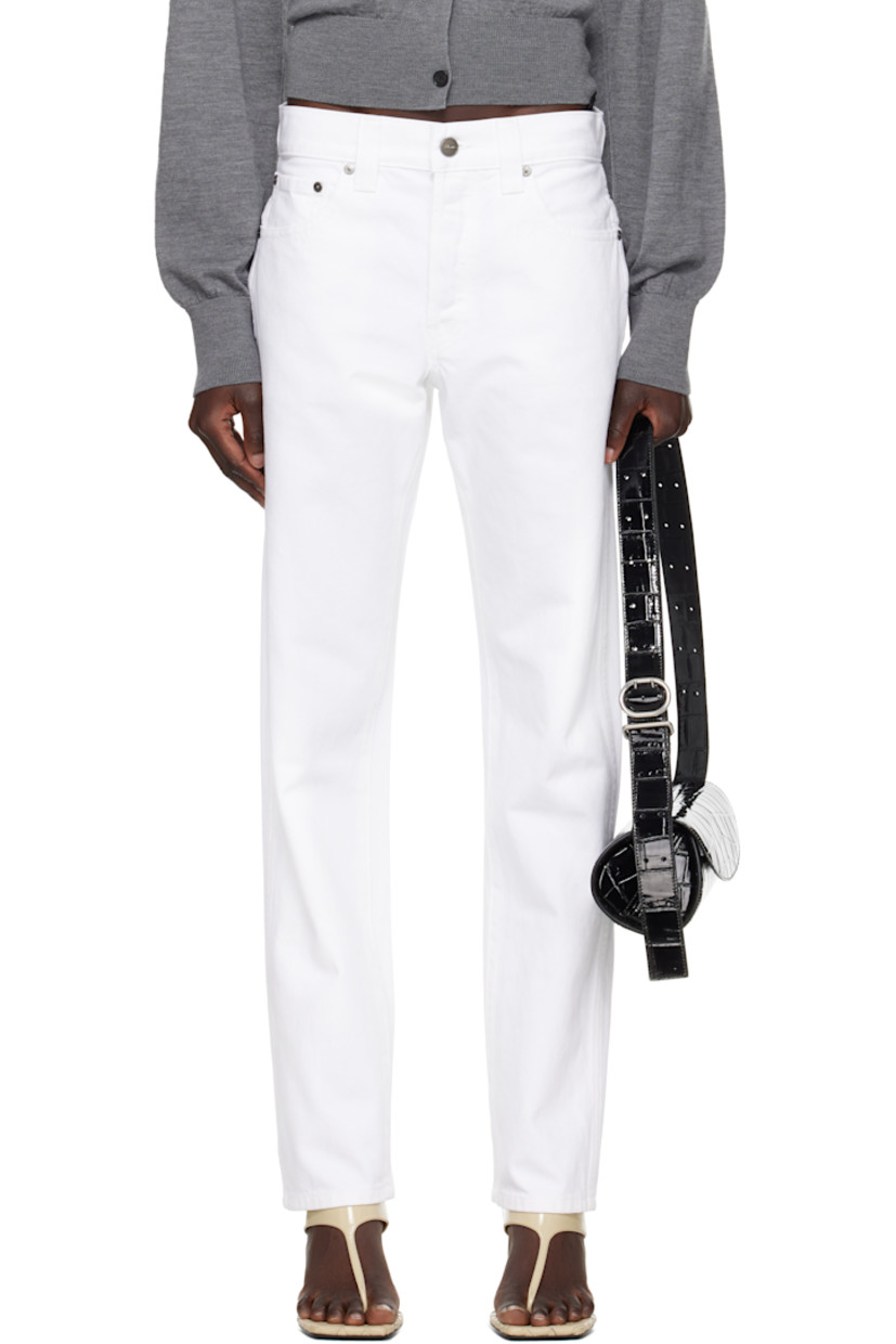 Tapered non-stretch denim jeans. 

· Low-rise
· Belt loops
· Five-pocket styling
· Button fly
· Logo-engraved gunmetal-tone hardware

Supplier color: White
