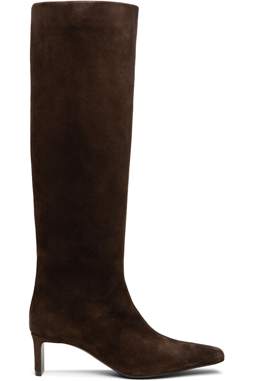 Knee-high calfskin suede boots.

· Pointed square toe
· Buffed leather lining
· Covered heel with rubber injection
· Leather sole
· Heel: H2"

Supplier color: Ebano suede