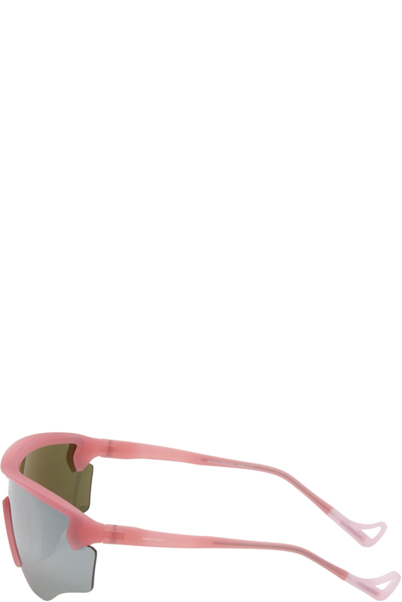 Shield-style semi-rimless semi-transparent acrylic-frame sunglasses.

· Mirrored silver tone lens with D+ lens technology
· 100% UVA/UVB protection
· Integrated rubber nose pads
· Logo printed at lens and temple
· Core wires
· Eyewear chain-compatible rubber temple tips
· Includes microfiber pouch
· Size: 140 125

Supplier color: Powder rose/D+ silver flash mirror