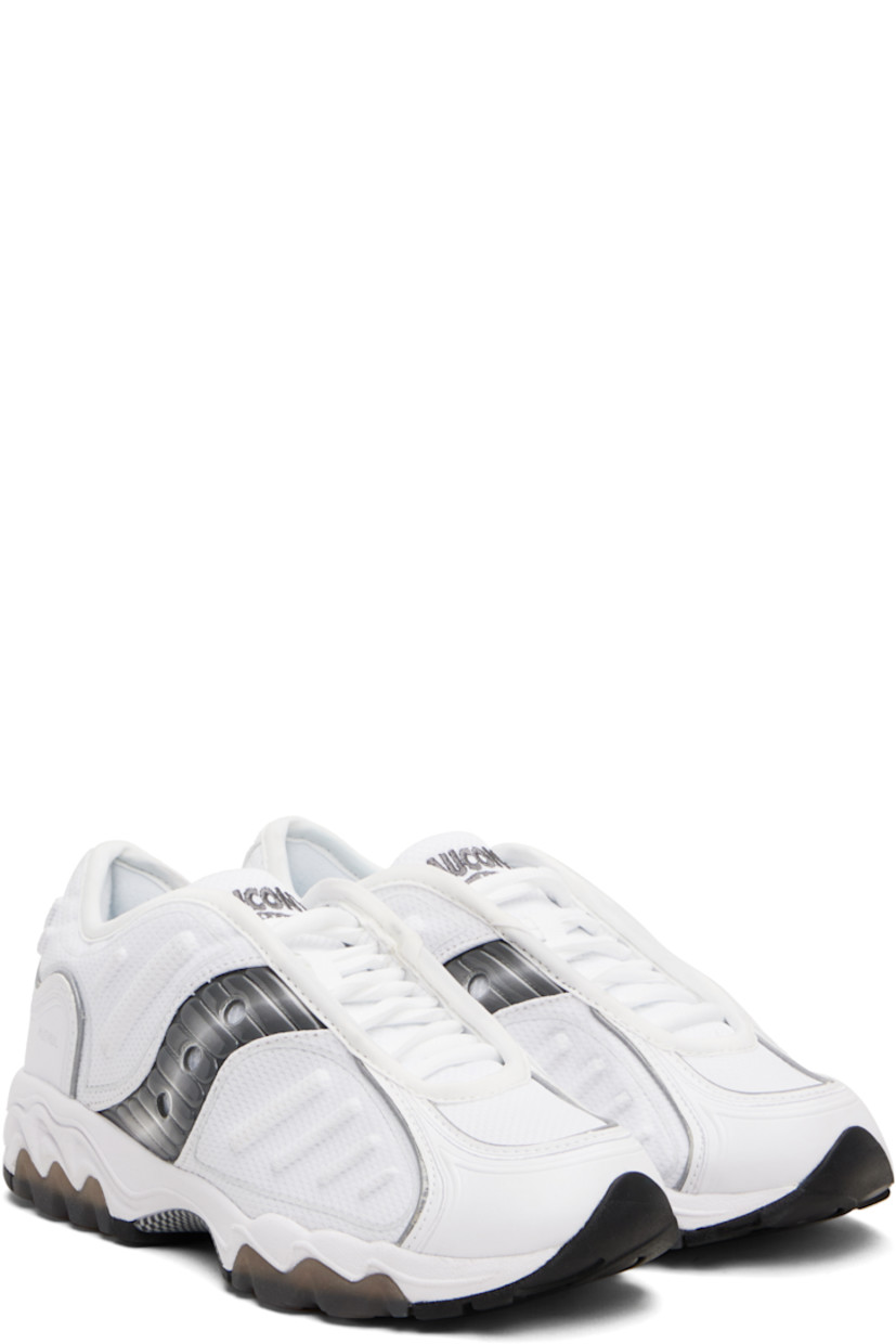 Low-top mesh and buffed faux-leather sneakers.

· Reflective trim throughout
· Lace-up closure
· Logo embroidered at padded tongue
· Padded collar
· Text embroidered at outer side and heel
· Logo appliqué at sides and heel counter
· Jersey and mesh lining
· Foam rubber midsole
· Treaded XT-900 rubber sole

Supplier color: White/Metallic