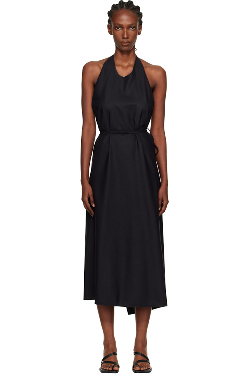 Wild silk noil midi dress.

· OEKO-TEX®-certified
· Wrap construction
· Round neck
· Self-tie closure at waist
· Self-tie halter strap
· Open back

Supplier color: Black