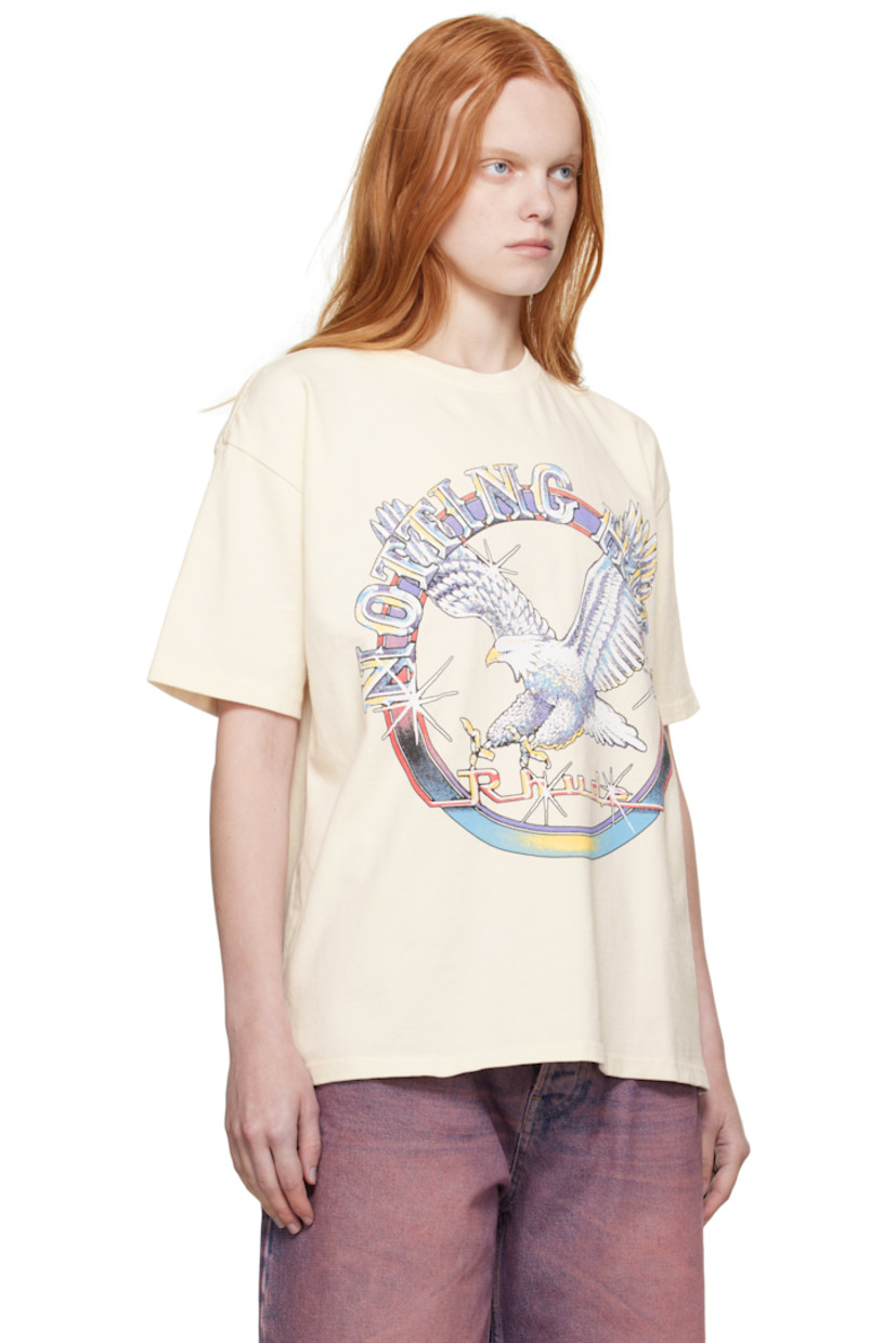 Cotton jersey T-shirt. 

· Fading throughout 
· Rib-knit crewneck
· Graphic, text, and logo printed at front 
· Dropped shoulders

Supplier color: Vintage white