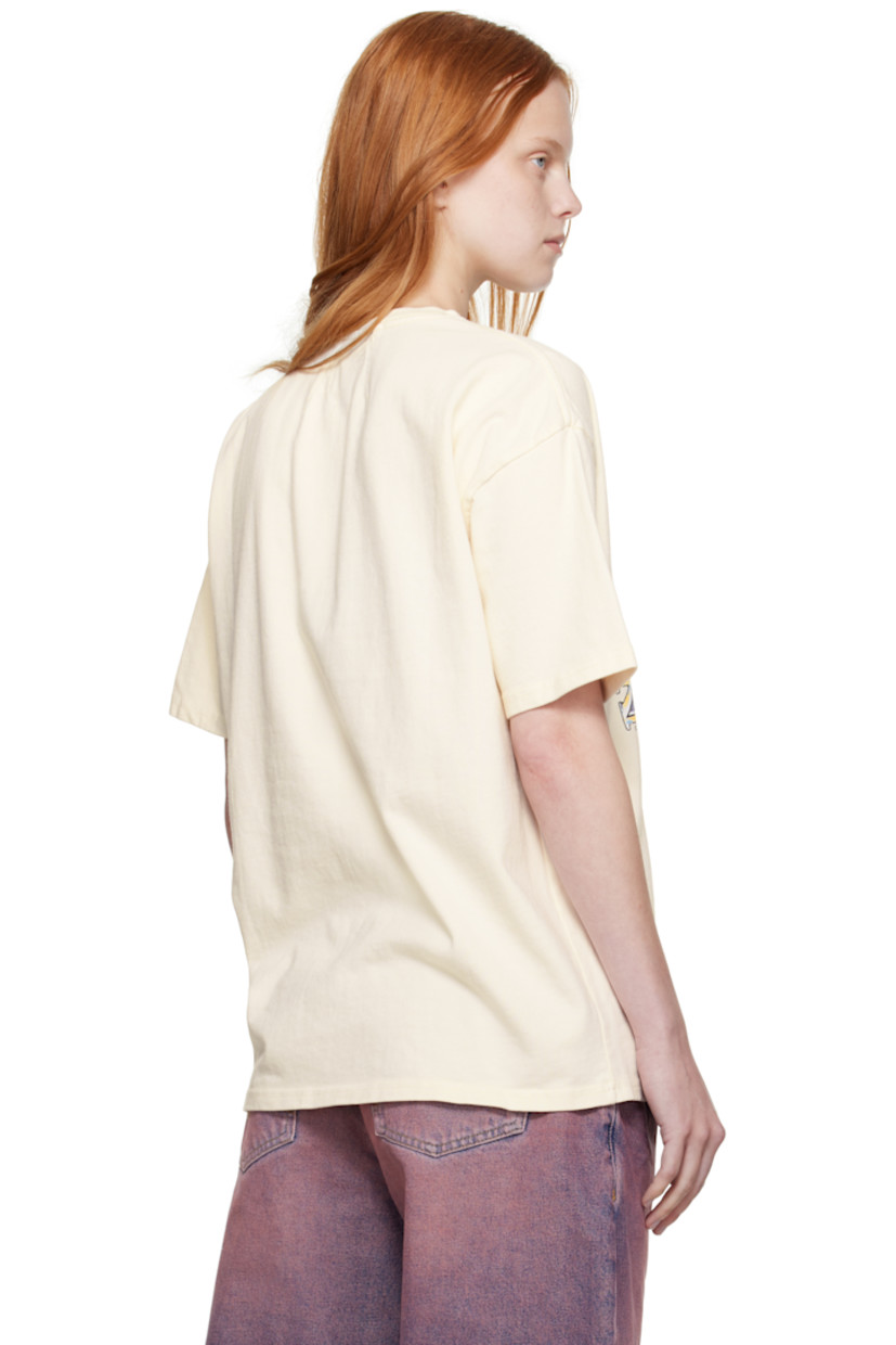 Cotton jersey T-shirt. 

· Fading throughout 
· Rib-knit crewneck
· Graphic, text, and logo printed at front 
· Dropped shoulders

Supplier color: Vintage white