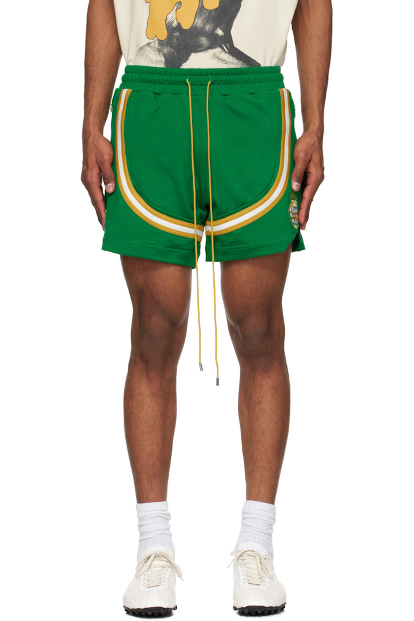 Double-layered cotton-blend jersey shorts. 

· Drawstring at elasticized waistband
· Two-pocket styling
· Stripe appliqués at front and back
· Logo embroidered at front
· Vented cuffs

Supplier color: Green/Yellow/White