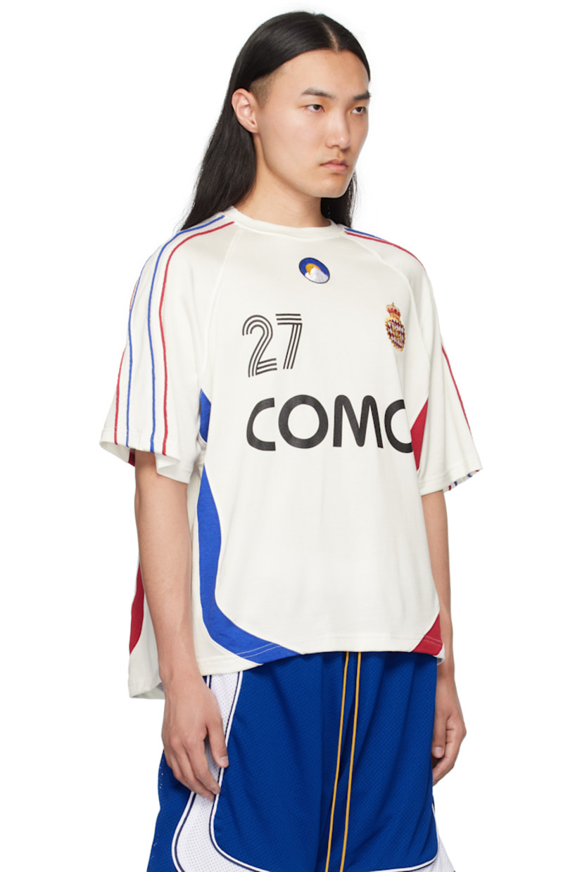 Cotton-blend jersey top.

· Paneled construction
· Rib-knit crewneck
· Text printed and embroidered graphics at front 
· Piping at raglan sleeves 
· Logo and text printed at back 

Supplier color: Off white/Navy/Red