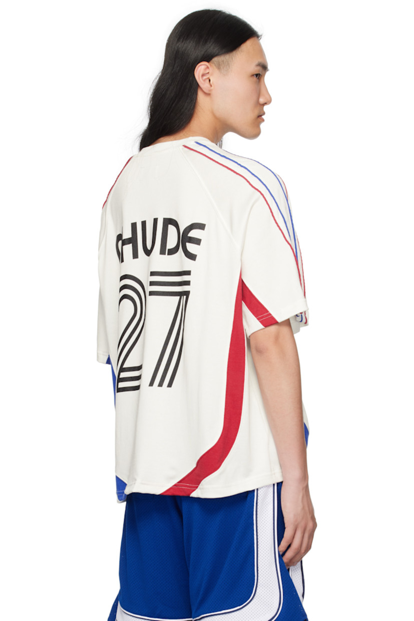 Cotton-blend jersey top.

· Paneled construction
· Rib-knit crewneck
· Text printed and embroidered graphics at front 
· Piping at raglan sleeves 
· Logo and text printed at back 

Supplier color: Off white/Navy/Red