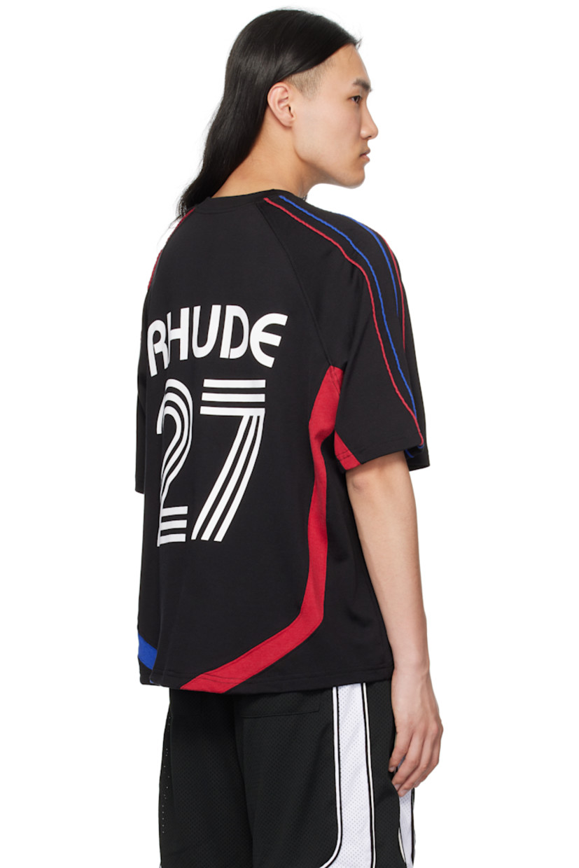 Cotton-blend jersey top.

· Paneled construction
· Rib-knit crewneck
· Text printed and embroidered graphics at front 
· Piping at raglan sleeves 
· Logo and text printed at back 

Supplier color: Black/Navy/Red