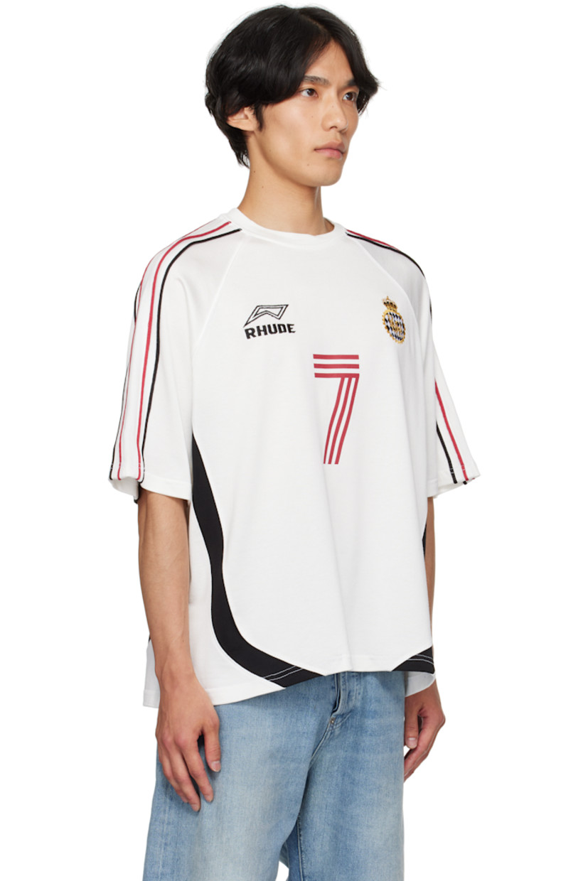 Cotton-blend jersey T-shirt.

· Rib-knit crewneck
· Logos embroidered at chest
· Text printed at front and back
· Striped trim at raglan sleeves
· Logo printed at back

Supplier color: White/Black/Red