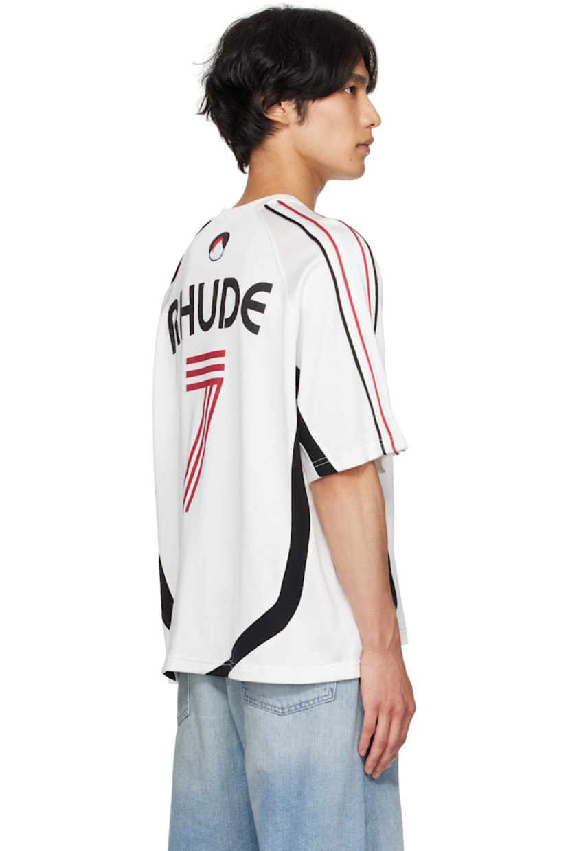 Cotton-blend jersey T-shirt.

· Rib-knit crewneck
· Logos embroidered at chest
· Text printed at front and back
· Striped trim at raglan sleeves
· Logo printed at back

Supplier color: White/Black/Red