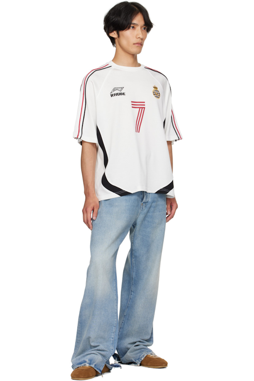 Cotton-blend jersey T-shirt.

· Rib-knit crewneck
· Logos embroidered at chest
· Text printed at front and back
· Striped trim at raglan sleeves
· Logo printed at back

Supplier color: White/Black/Red