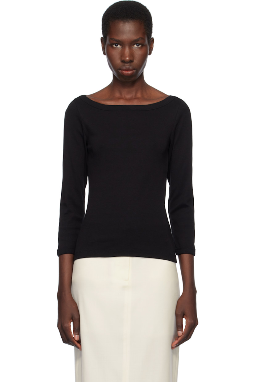 Organic cotton jersey T-shirt.

· Rib-knit boatneck and cuffs
· Three-quarter sleeves
· Central seam at back

Supplier color: Black
