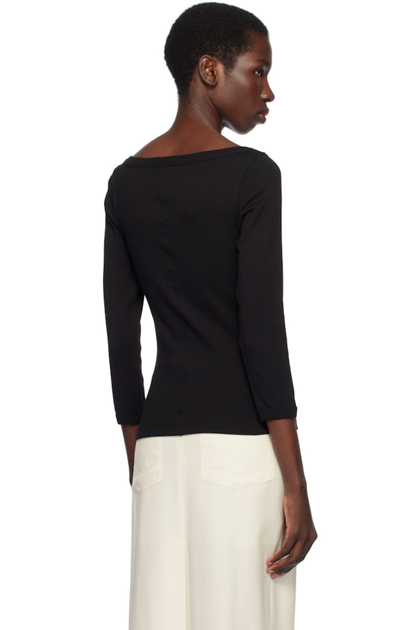 Organic cotton jersey T-shirt.

· Rib-knit boatneck and cuffs
· Three-quarter sleeves
· Central seam at back

Supplier color: Black