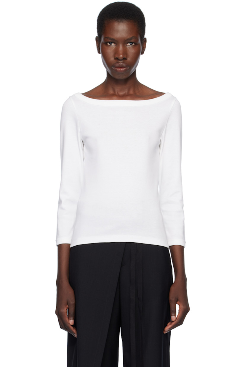 Organic cotton jersey T-shirt.

· Rib-knit boatneck and cuffs
· Three-quarter sleeves
· Central seam at back

Supplier color: White