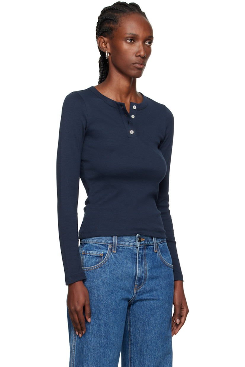 Rib-knit organic cotton T-shirt.

· Crewneck
· Four-button placket
· Central seam at back
· Mother-of-pearl hardware

Supplier color: Navy