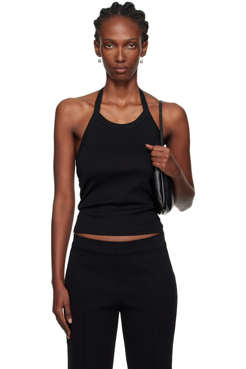 Rib-knit organic cotton tank top. Fixed halter strap at crewneck.

Supplier color: Black