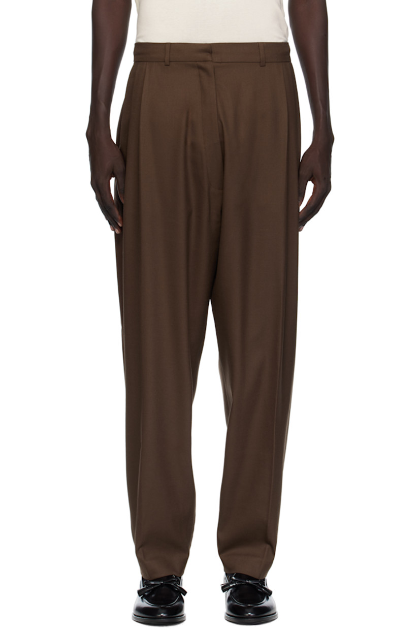 Viscose-blend twill trousers.

· Tapered
· Belt loops
· Four-pocket styling
· Zip fly 
· Pleats at front 
· Creased legs 
· Darts at back

Supplier color: Brown