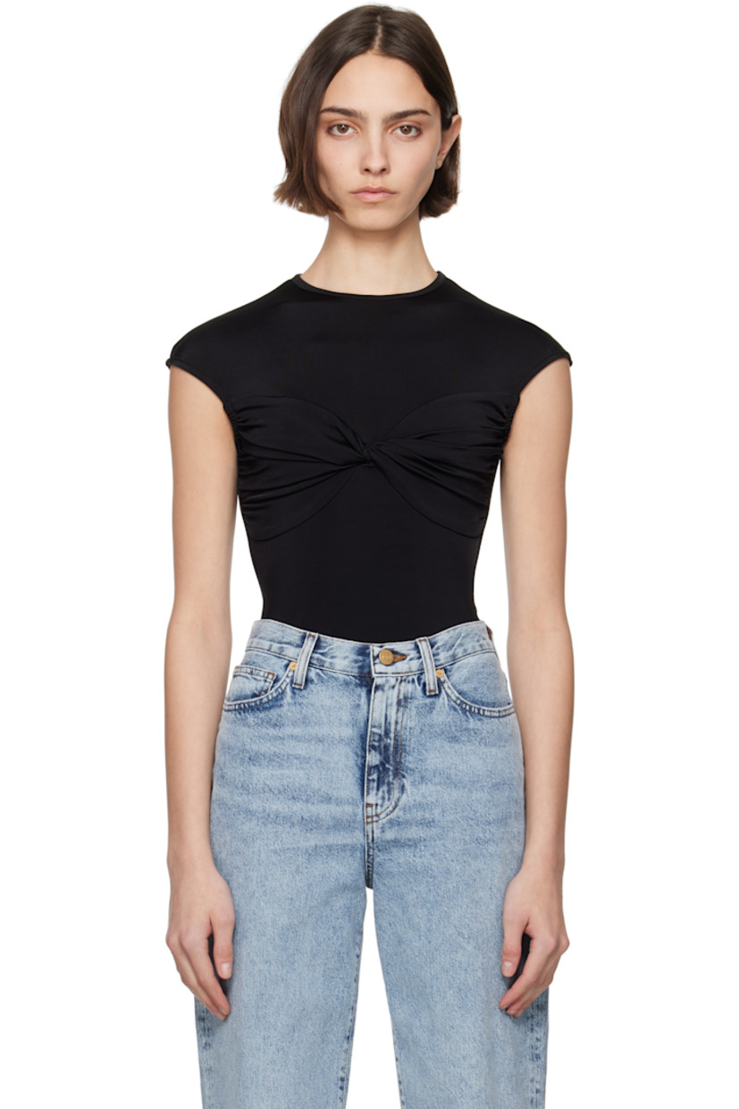 Stretch viscose jersey top.

· Crewneck
· Twisted detailing at chest
· Gathering at side seams
· Cap sleeves

Supplier color: Black