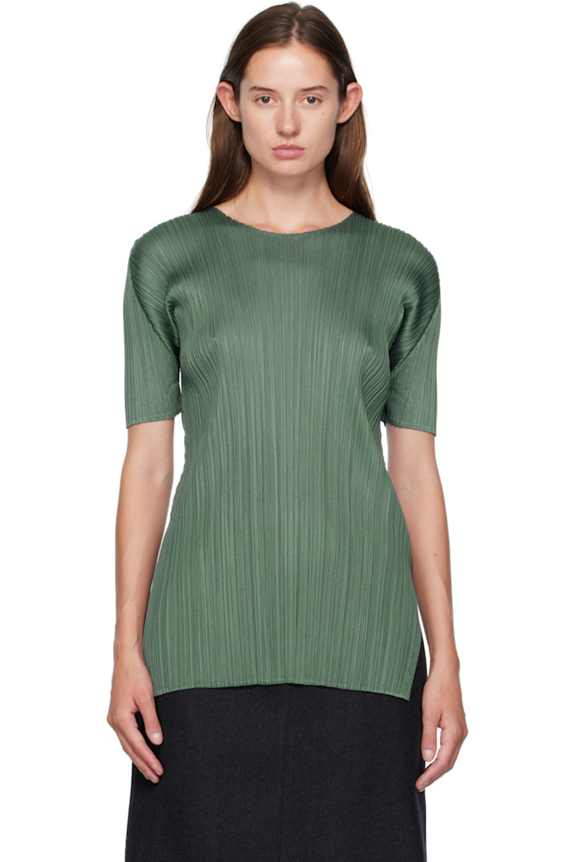 Garment-pleated tricot T-shirt. 

· Crewneck
· Vented side seam

Supplier color: Moss green