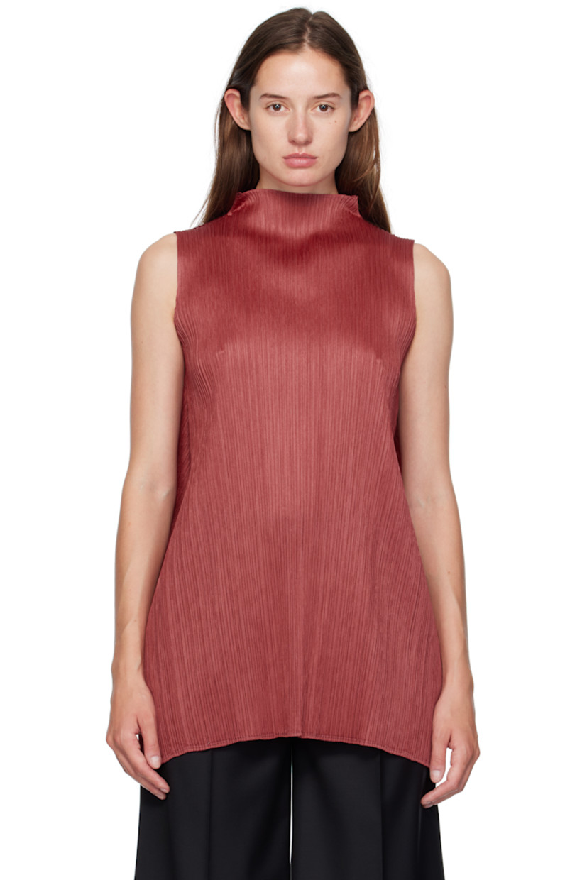 Garment-pleated tricot top. Mock neck.

Supplier color: Dark red