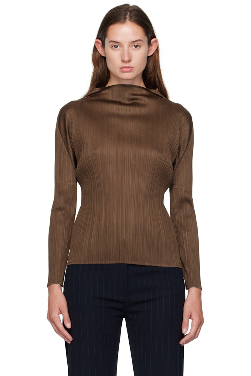 Garment-pleated tricot T-shirt. Mock neck.

Supplier color: Brown