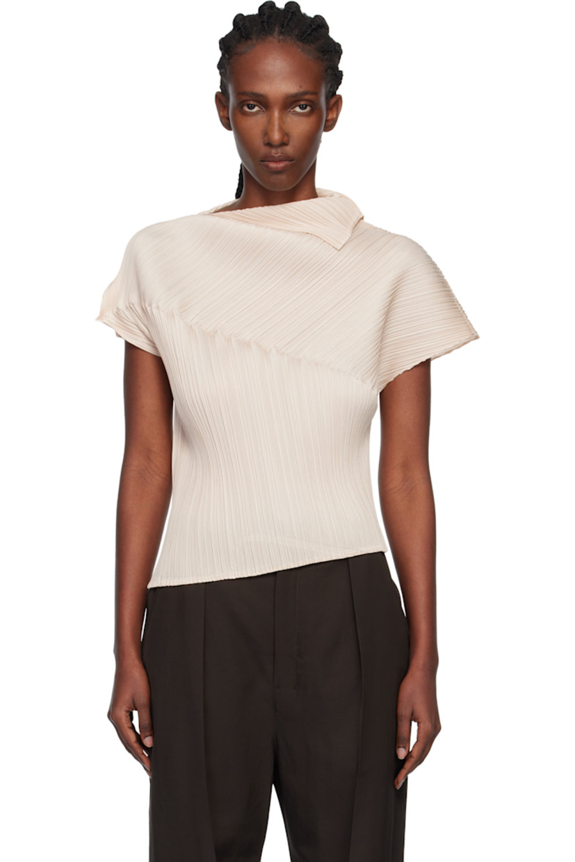 Garment-pleated tricot top.

· Boat neck
· Asymmetric cap sleeves

Supplier color: Light beige