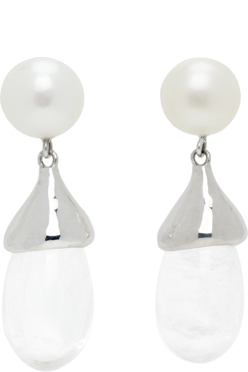 Pair of handcrafted drop earrings in sterling silver 

· Freshwater pearl at face
· Transparent quartz stone at drop
· Post-stud fastening
· H1.75" x W0.5"

Supplier color: Quartz