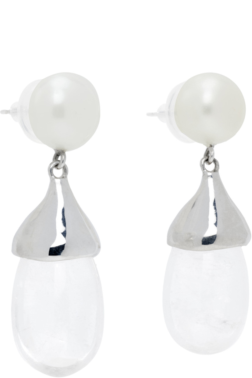 Pair of handcrafted drop earrings in sterling silver 

· Freshwater pearl at face
· Transparent quartz stone at drop
· Post-stud fastening
· H1.75" x W0.5"

Supplier color: Quartz