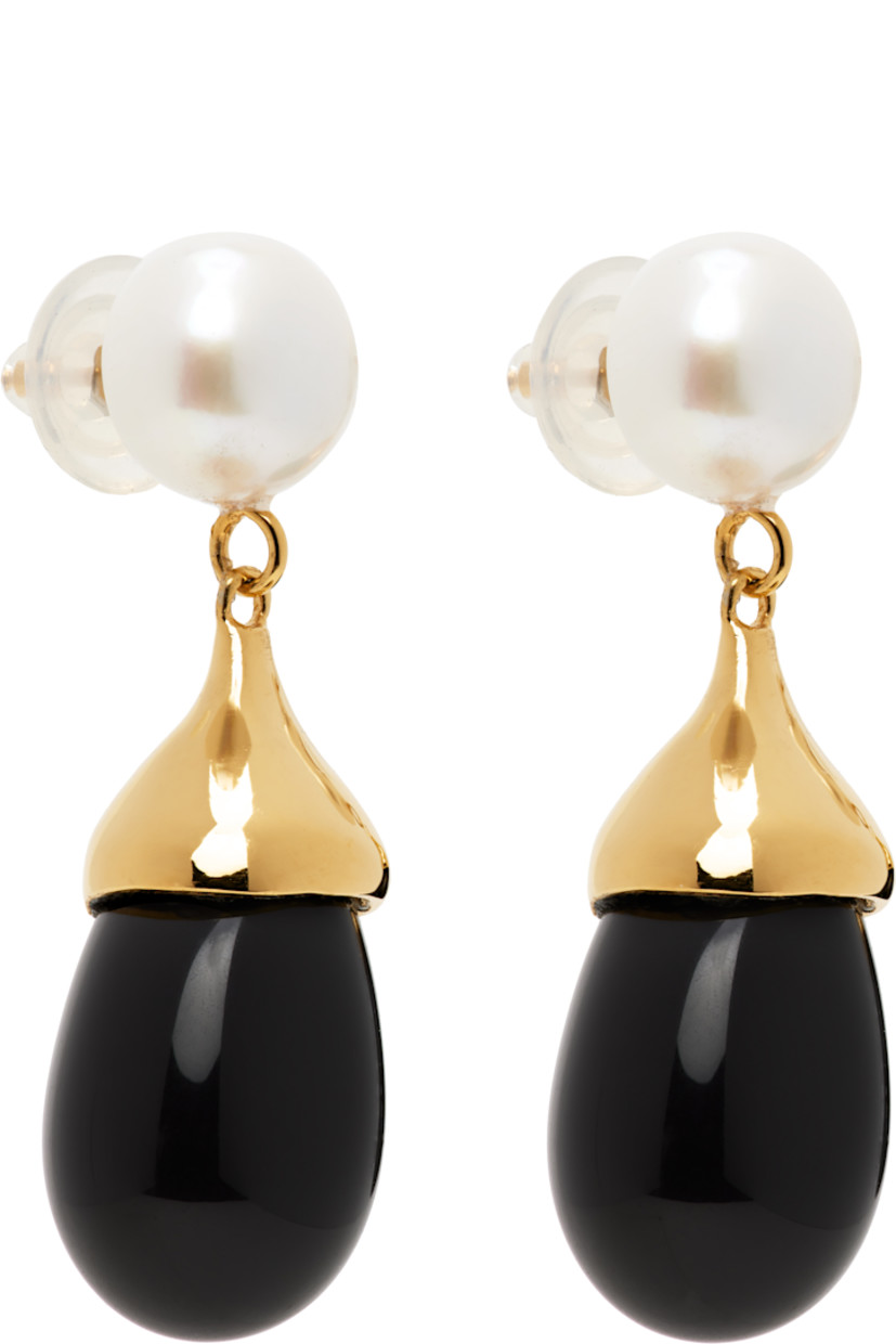 Pair of handcrafted drop earrings in 18k gold vermeil.

· Faux-pearl at face
· Black onyx stone at drop
· Post-stud fastening
· H1.75" x W0.5"

Supplier color: 18k gold vermeil