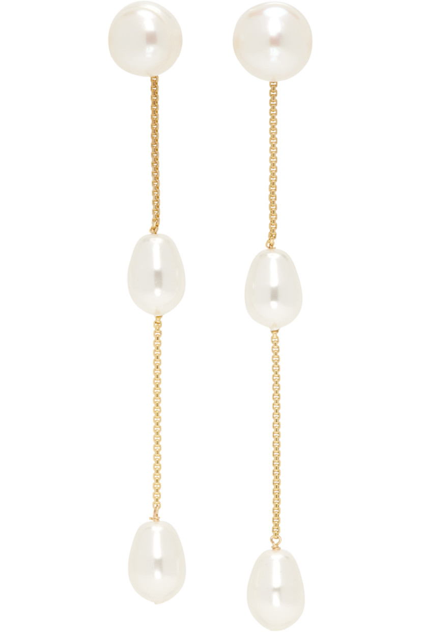 Pair of handcrafted 14k gold-filled brass box chain drop earrings. 

· Freshwater pearl at face
· Crystal pearls at drop
· Post-stud fastening 
· H3" x W0.5"

Supplier color: 14k gold