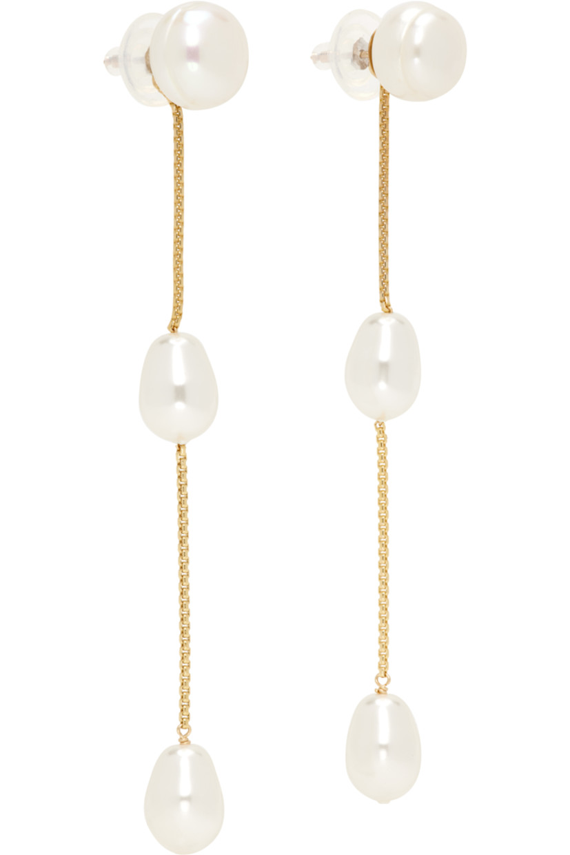 Pair of handcrafted 14k gold-filled brass box chain drop earrings. 

· Freshwater pearl at face
· Crystal pearls at drop
· Post-stud fastening 
· H3" x W0.5"

Supplier color: 14k gold
