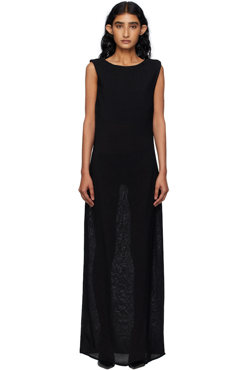 Semi-sheer textured viscose jersey maxi dress.

· Round neck
· Darts at chest
· Slit at side seam
· Low draped back

Supplier color: Black