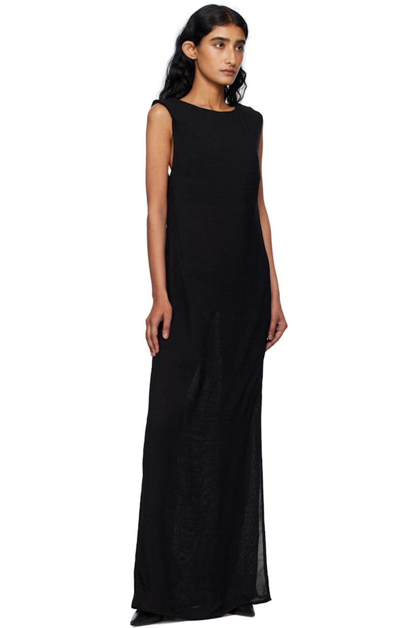 Semi-sheer textured viscose jersey maxi dress.

· Round neck
· Darts at chest
· Slit at side seam
· Low draped back

Supplier color: Black