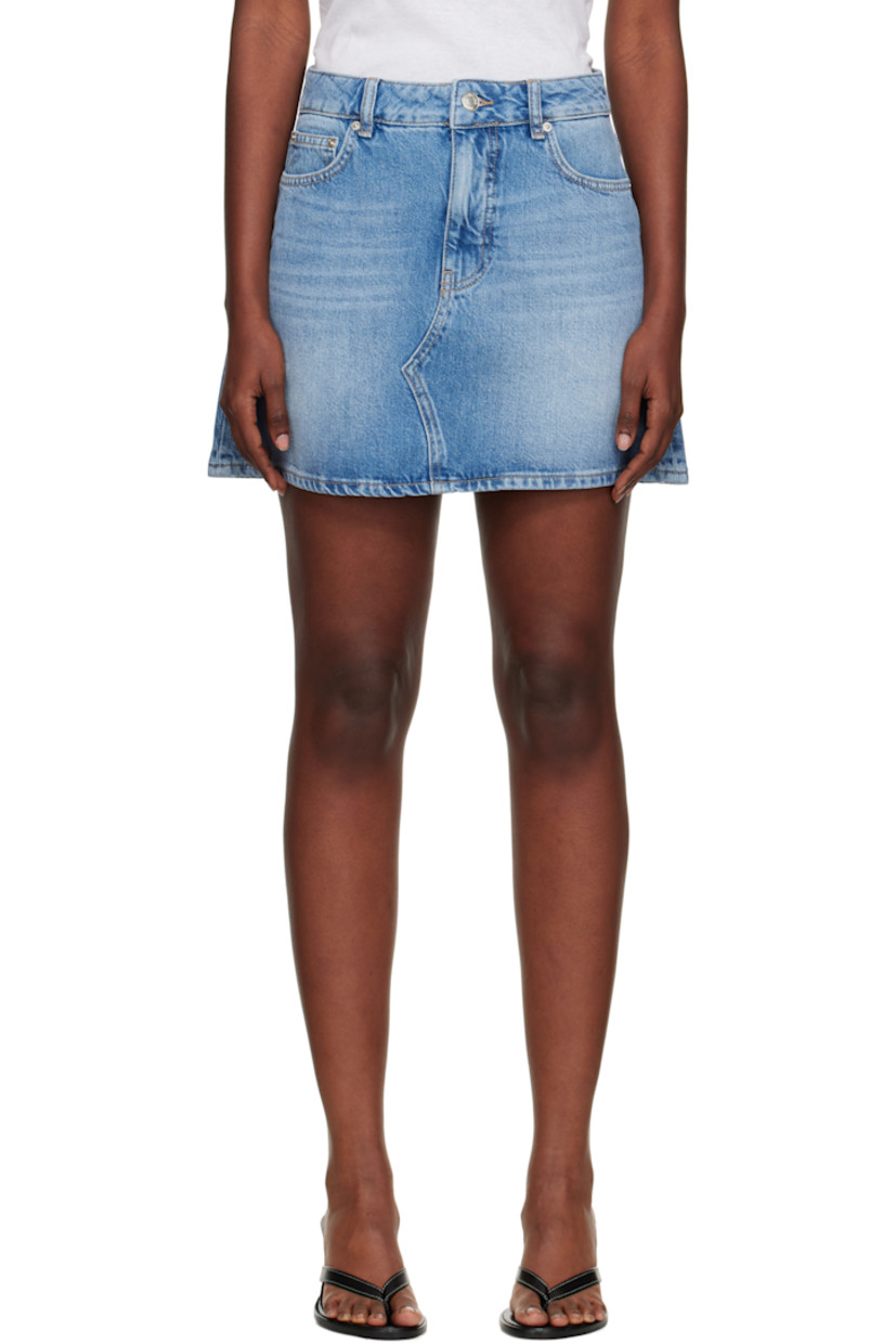 Non-stretch organic cotton denim miniskirt. 

· GOTS-certified organic cotton
· Fading and whiskering throughout
· High-rise
· Belt loops
· Five-pocket styling
· Zip fly
· Logo embroidered at coin pocket
· Logo patch at back waistband
· Silver-tone hardware
· Contrast stitching in tan

Supplier color: Lt. Blue