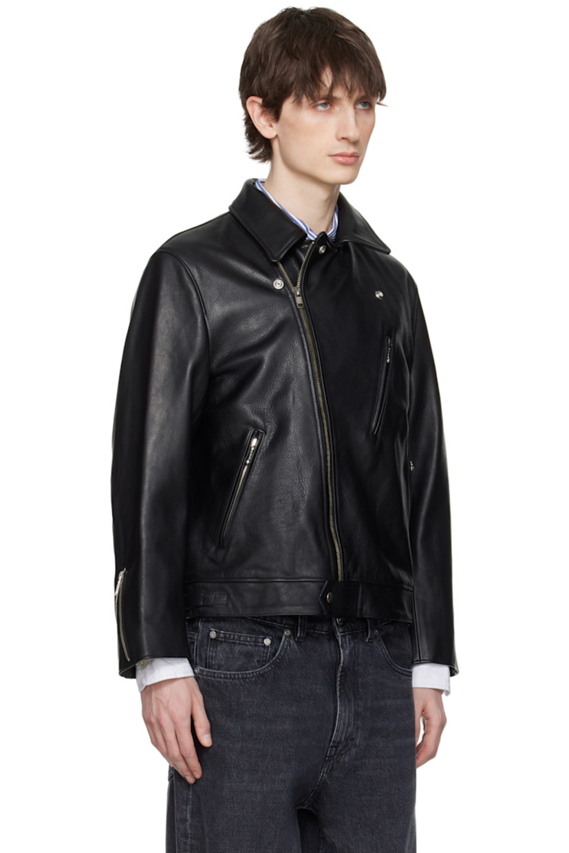 Grained leather jacket. 

· Press-stud fastening at spread collar
· Offset zip closure
· Zip pockets 
· Press-stud tab at hem 
· Zip expansion panel at cuffs
· Cinch straps at back hem
· Welt pocket at interior
· Full cupro twill lining
· Logo-engraved silver-tone hardware

Supplier color: Black