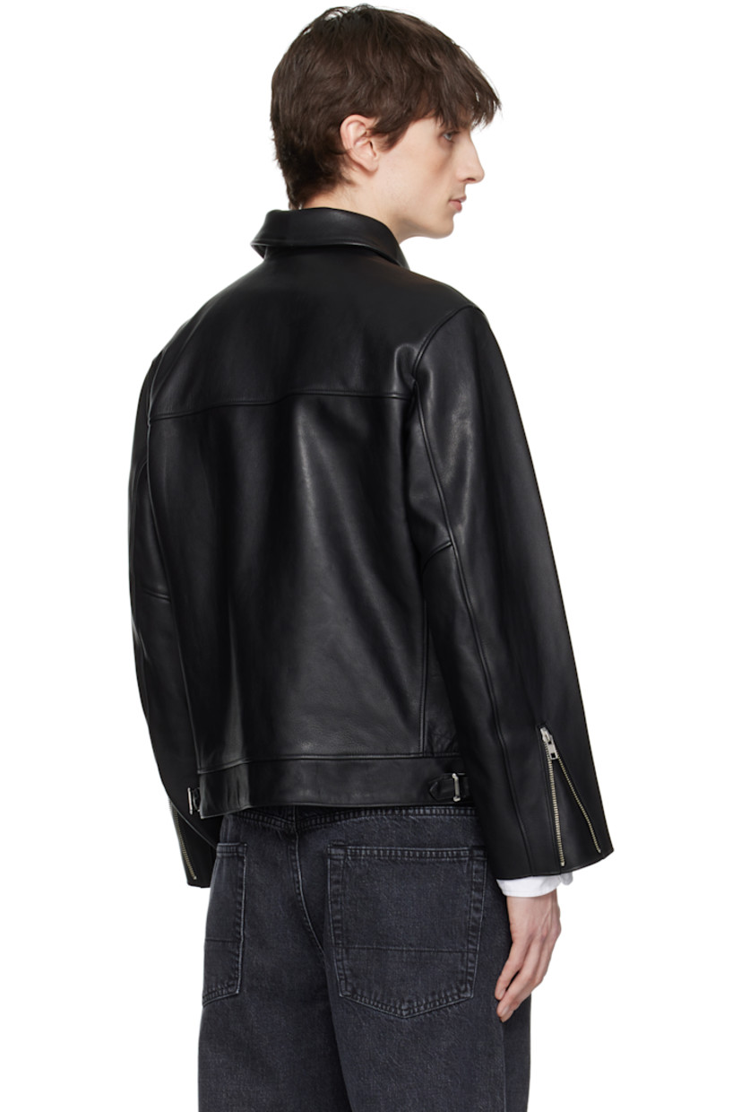 Grained leather jacket. 

· Press-stud fastening at spread collar
· Offset zip closure
· Zip pockets 
· Press-stud tab at hem 
· Zip expansion panel at cuffs
· Cinch straps at back hem
· Welt pocket at interior
· Full cupro twill lining
· Logo-engraved silver-tone hardware

Supplier color: Black