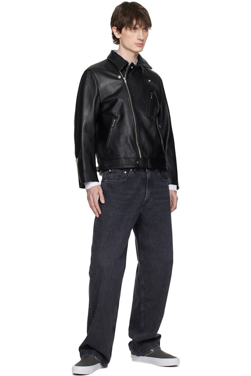 Grained leather jacket. 

· Press-stud fastening at spread collar
· Offset zip closure
· Zip pockets 
· Press-stud tab at hem 
· Zip expansion panel at cuffs
· Cinch straps at back hem
· Welt pocket at interior
· Full cupro twill lining
· Logo-engraved silver-tone hardware

Supplier color: Black