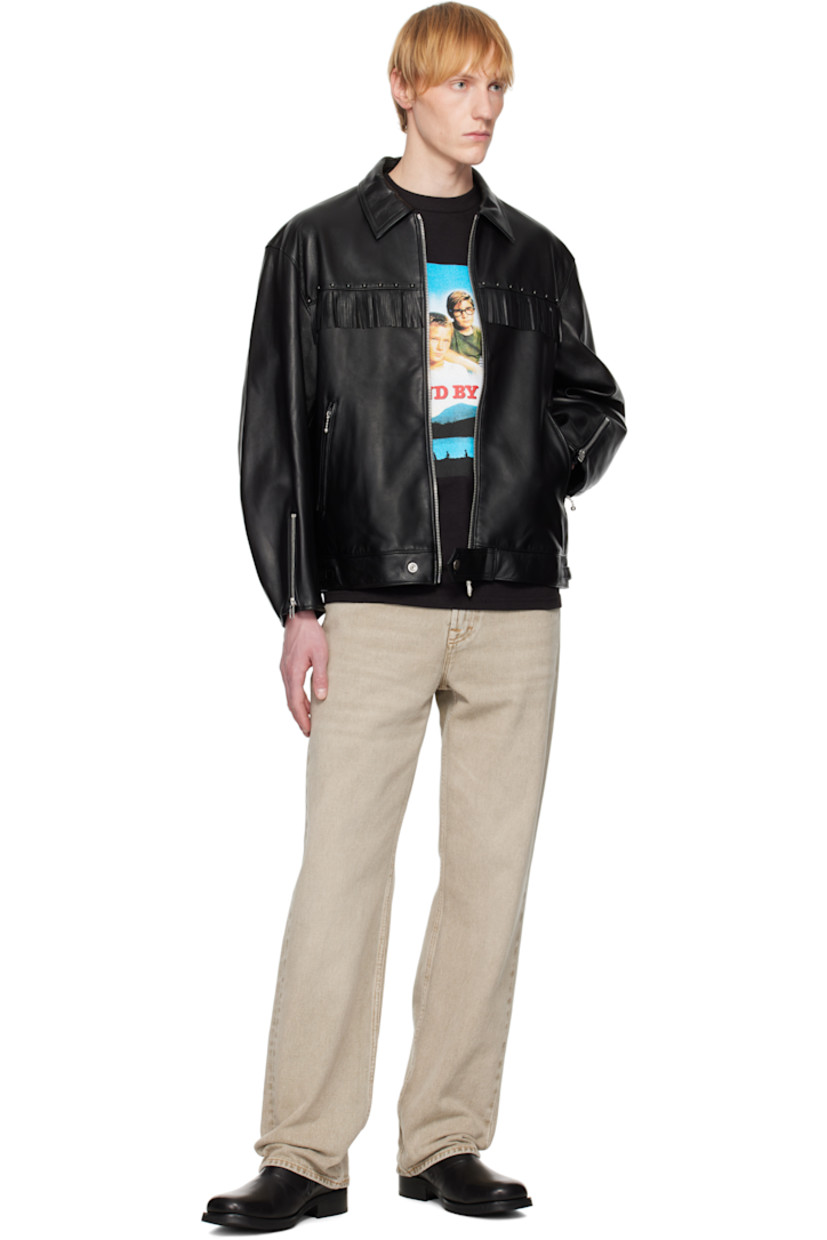 Grained lambskin jacket.

· Spread collar
· Zip closure
· Rivets and fringe at chest
· Zip pockets
· Cinch strap at side seams
· Zip expansion panel at cuffs
· Welt pocket at interior
· Full cupro satin lining

Part of the WACKO MARIA x WOLF'S HEAD collaboration.

Supplier color: Black