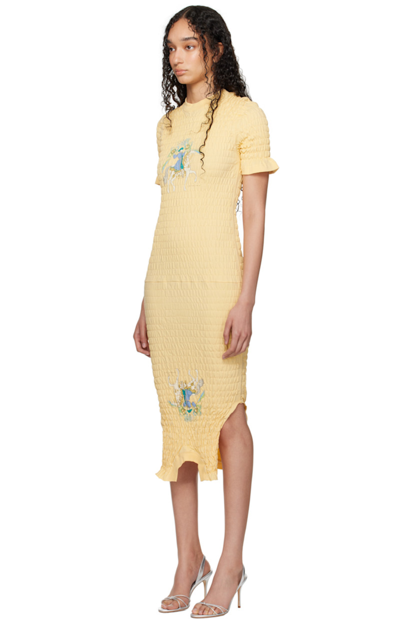 Shirred organic cotton jersey midi dress.

· Rib-knit crewneck and hem
· Graphics printed at front
· Vented side seams
· Ruffled cuffs

Part of the exclusive SSENSE HEAT capsule.

Supplier color: Yellow