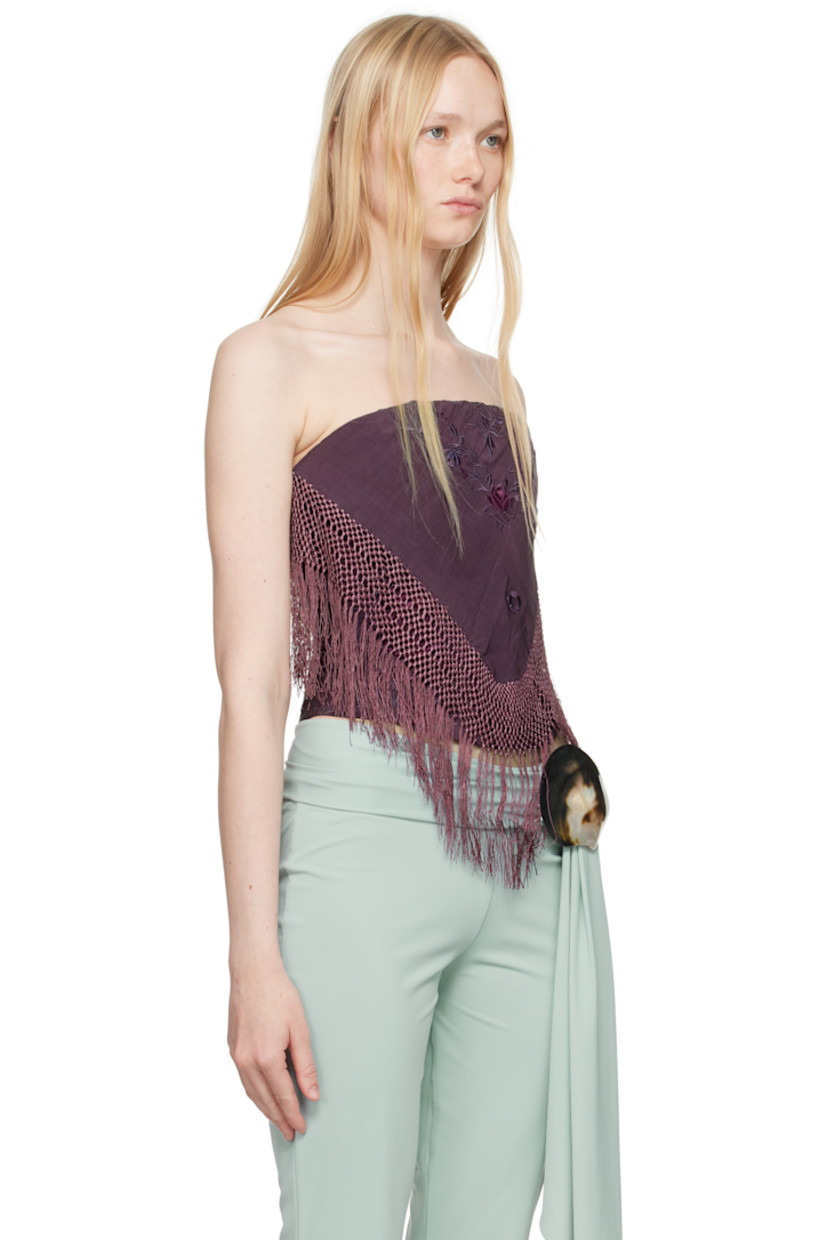 Plain-woven silk corset-style top. Boning, embroidered floral graphics, and fringed detailing throughout.

· Straight neck
· Zip closure at back
· Crêpe lining 

Supplier color: Purple
