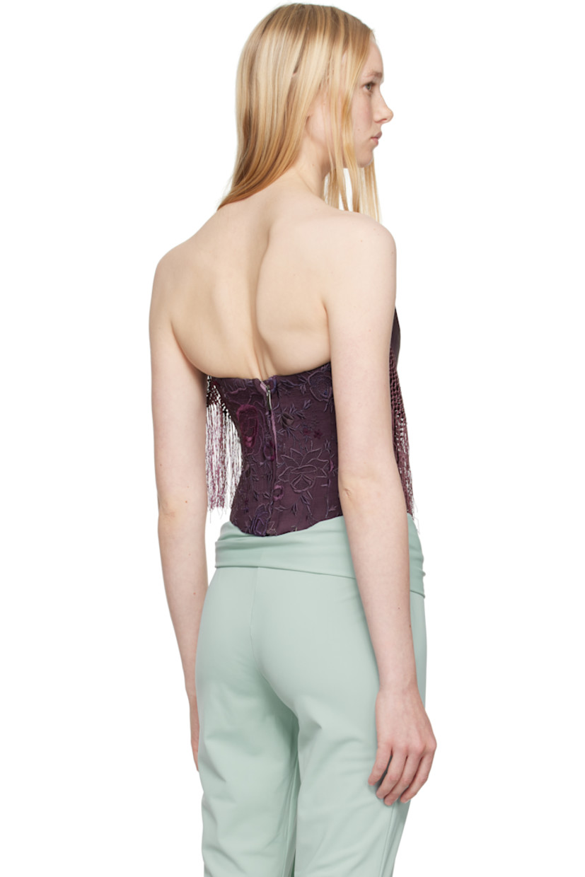 Plain-woven silk corset-style top. Boning, embroidered floral graphics, and fringed detailing throughout.

· Straight neck
· Zip closure at back
· Crêpe lining 

Supplier color: Purple
